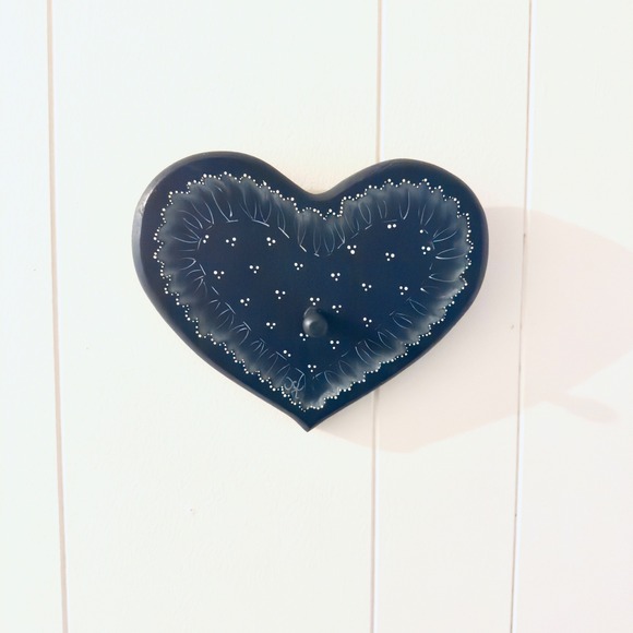 Other - Navy Blue Wooden Heart Wall Hook Hand Painted Folk Art Primitive Decor